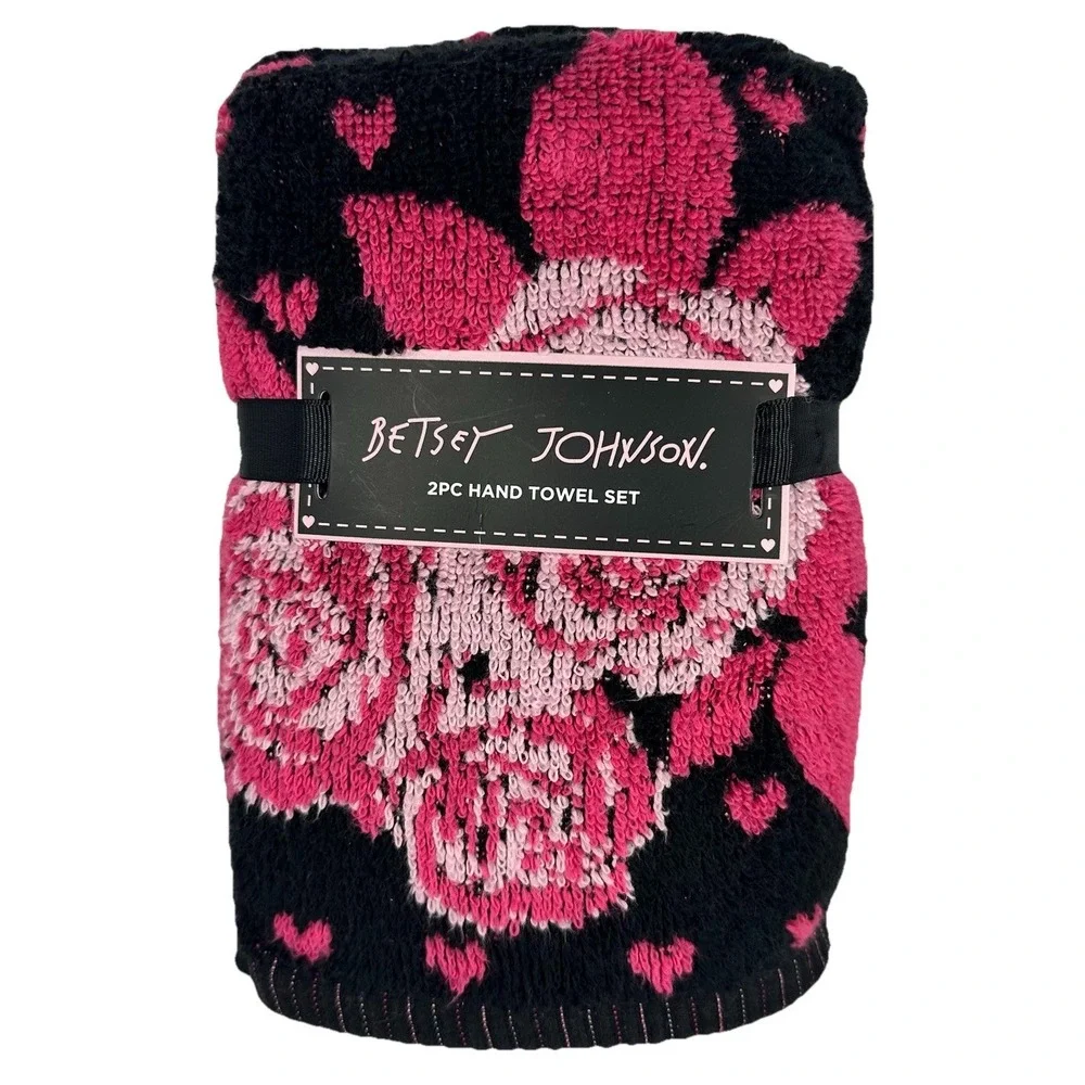 Betsey Johnson Pink Floral Heart Hand Towel Set 2PC Black Cotton Bath Decor